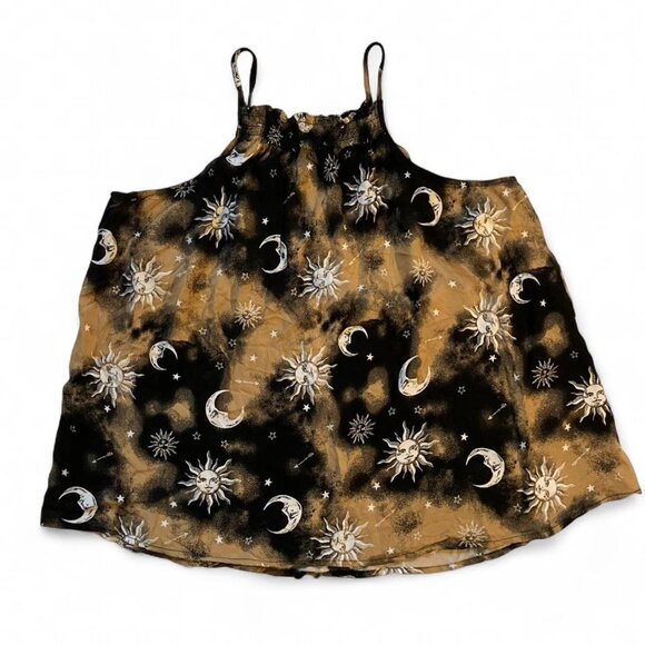 No Boundaries Tops - Witchy Celestial Sun Moon Black Orange Spaghetti Strap Ruched Neck Top